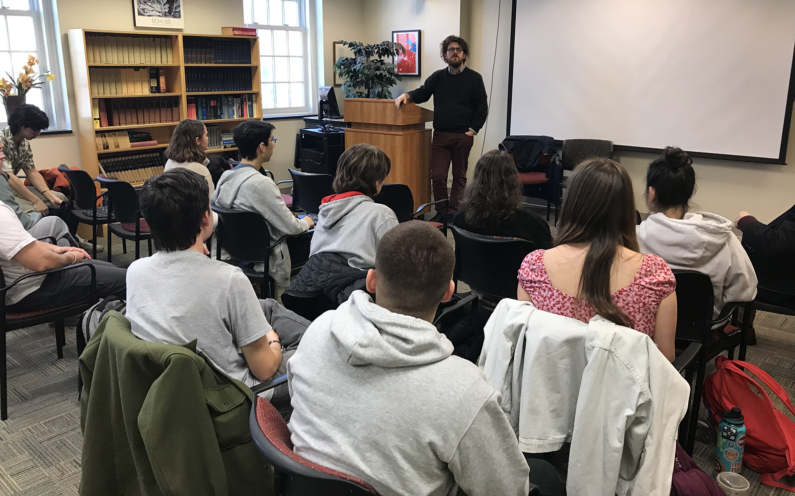  filmmaker Duccio Chiarini meets with students in the Italian program