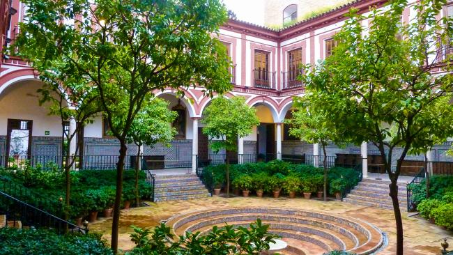 A building courtyard with trees